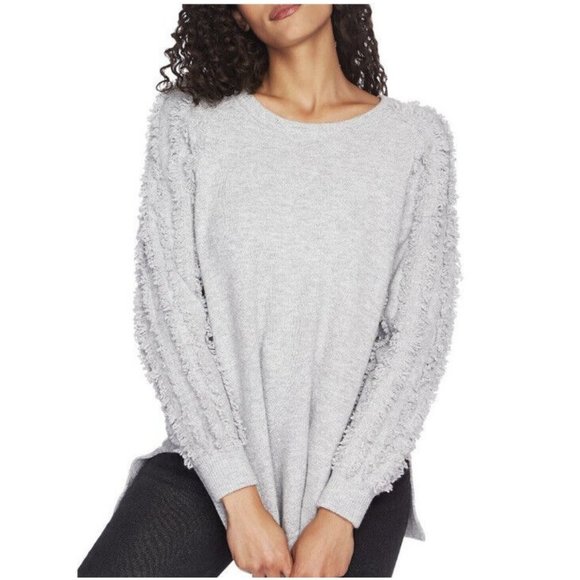 1. State Sweaters - 1. State Women's Crew Neck Fringe Sleeve Gray Knit Sweater Size M/L